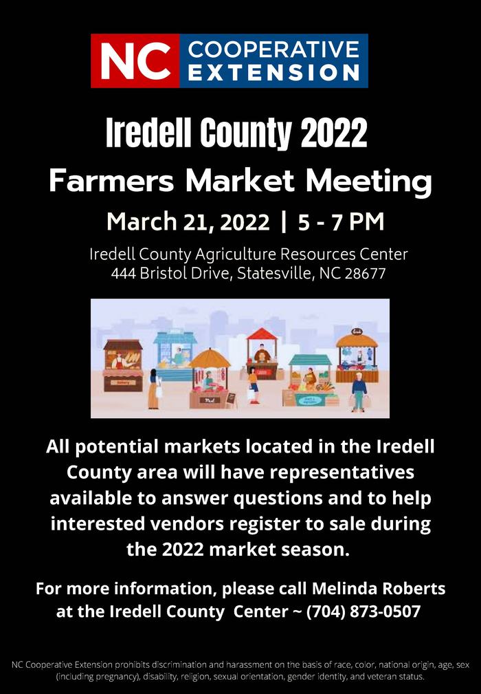 NC Cooperative Extension flyer: Iredell County 2022 Farmers Market Meeting — March 21, 2022, 5–7 PM