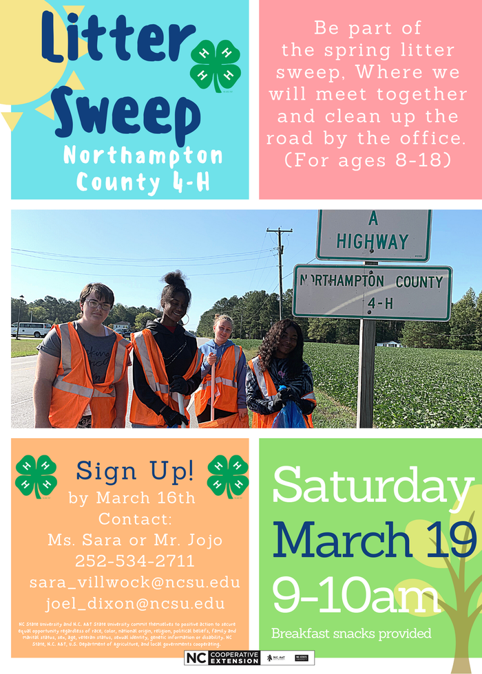 Litter Sweep Northampton County 4‑H; youths in orange vests roadside; Saturday March 19 9–10am