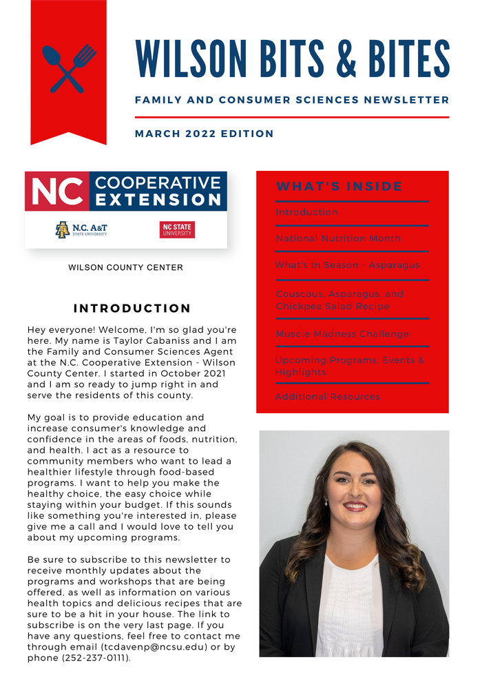 Wilson Bits & Bites newsletter cover, March 2022, NC Cooperative Extension logo and staff portrait