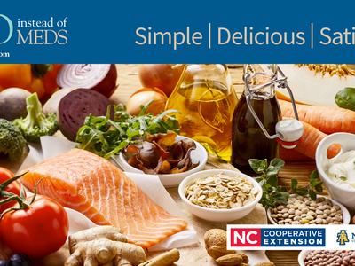 Salmon and assorted vegetables and grains with banner reading "Simple | Delicious | Satisfying"