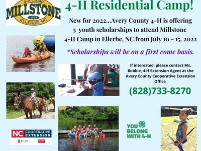 4-H Residential Camp flyer: Millstone, July 10–15 2022; scholarships; contact (828)733-8270