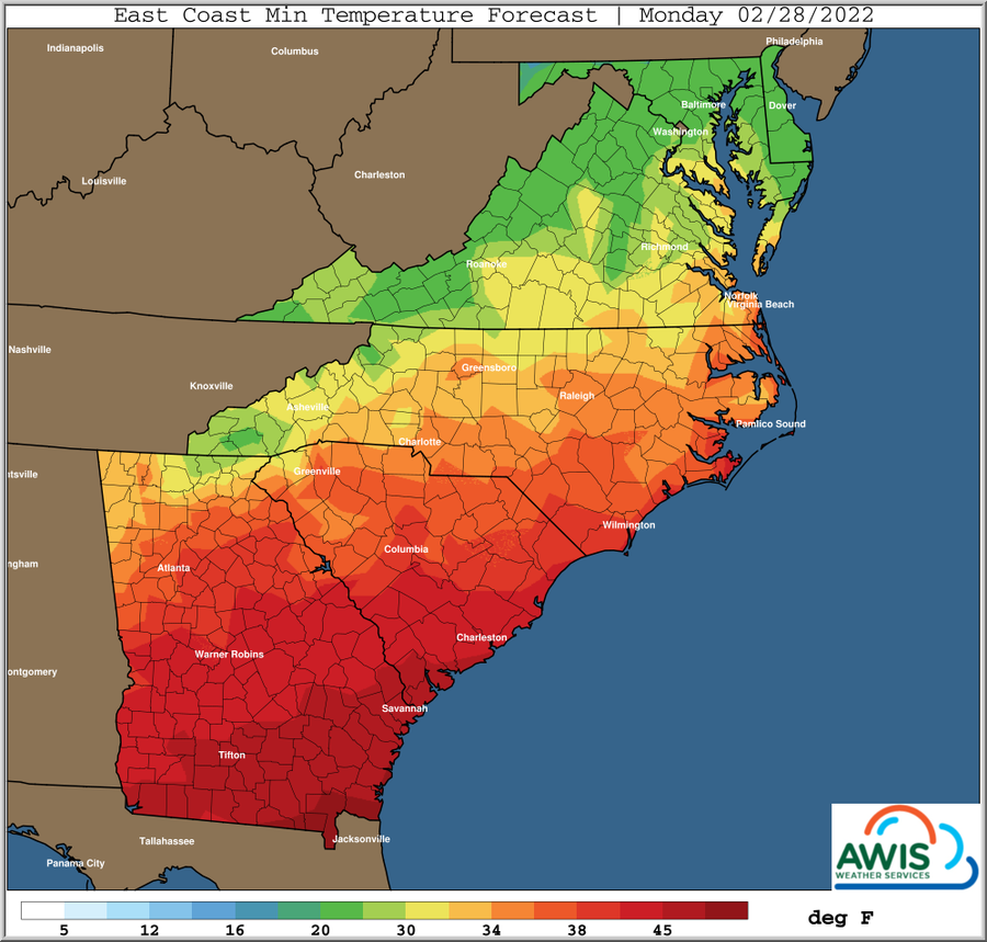 East Coast min temperature forecast map, Monday 02/28/2022, color legend in deg F