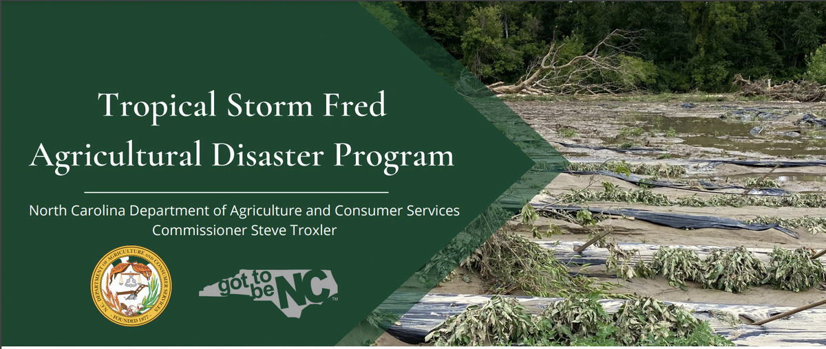 Tropical Storm Fred Agricultural Disaster Program sign with flooded, damaged fields