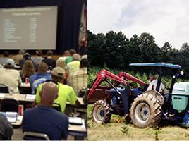 Tech with insect traps; lecture audience; tractor spraying field; worker in protective suit spraying turf