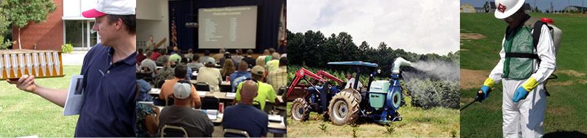 Tech with insect traps; lecture audience; tractor spraying field; worker in protective suit spraying turf