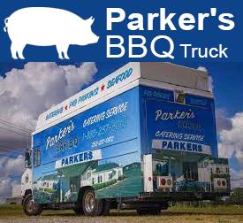 Blue Parker's BBQ truck with pig graphic and text "Parker's BBQ Truck"