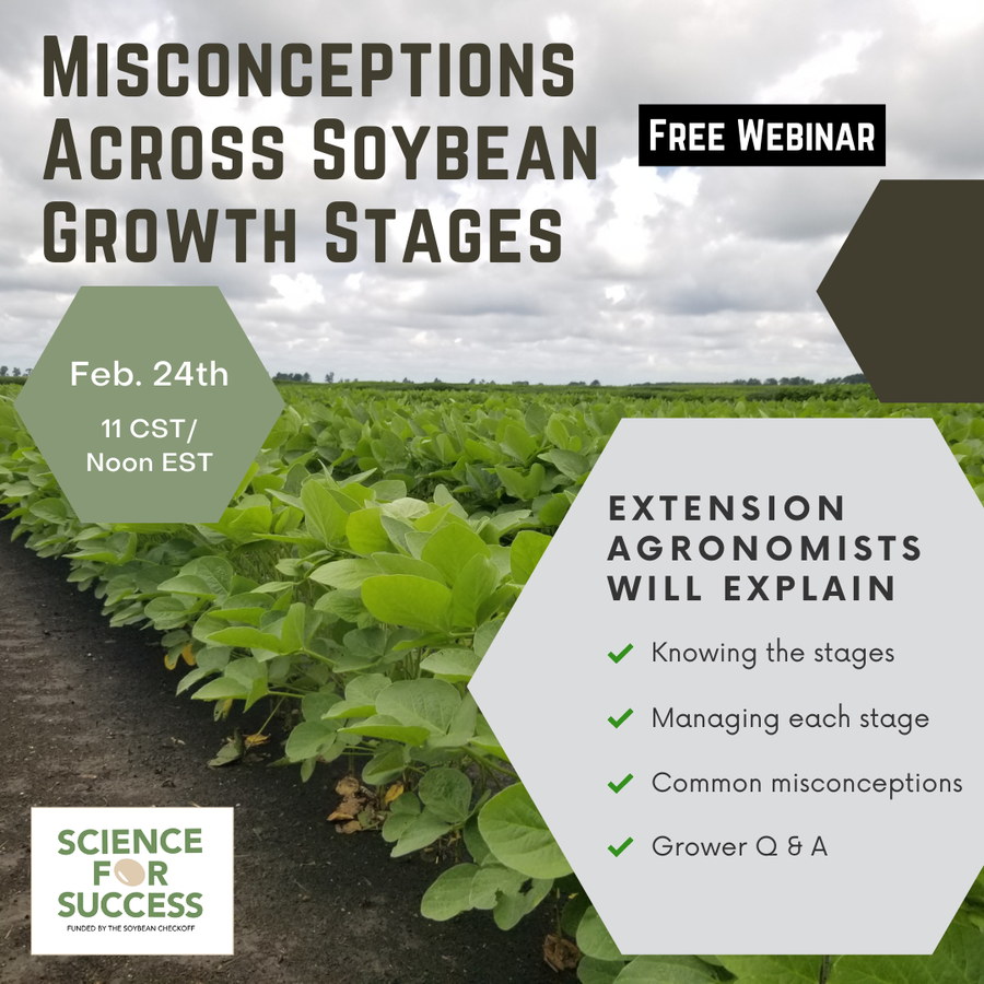 Soybean field with text: "Misconceptions Across Soybean Growth Stages"; Free Webinar Feb. 24, 11 CST/Noon EST