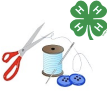 Scissors, spool of thread with needle and two buttons beside 4‑H clover emblem (H on leaves)
