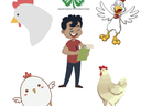 Person with clipboard amid chicken illustrations and 4‑H clover logo