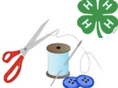 Scissors, spool of thread with needle and two buttons beside 4‑H clover emblem (H on leaves)