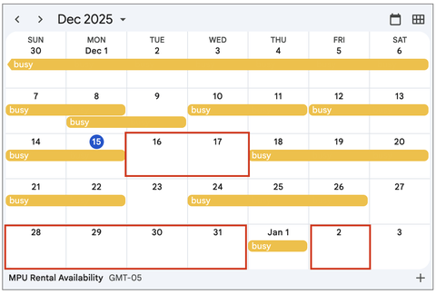 Dec 2025 calendar (MPU Rental Availability GMT-05): yellow "busy" bars, red-outlined empty dates, blue 15