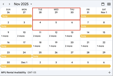 November 2025 calendar with yellow "busy" bars and red rectangle around 28–30 and 4–6