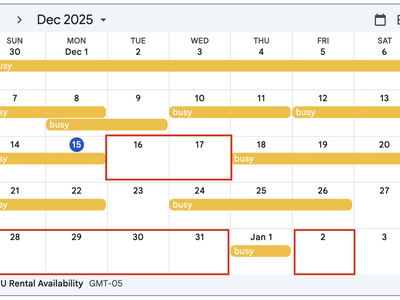 Dec 2025 calendar (MPU Rental Availability GMT-05): yellow "busy" bars, red-outlined empty dates, blue 15