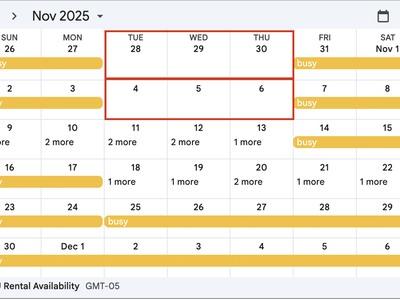 November 2025 calendar with yellow "busy" bars and red rectangle around 28–30 and 4–6