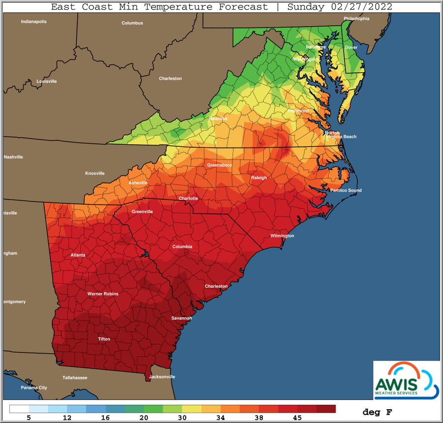 East Coast minimum temperature forecast map, Sunday 02/27/2022, temperatures in °F