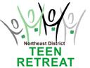 Stylized jumping figures with shamrocks above text "Northeast District TEEN RETREAT"