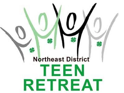 Stylized jumping figures with shamrocks above text "Northeast District TEEN RETREAT"