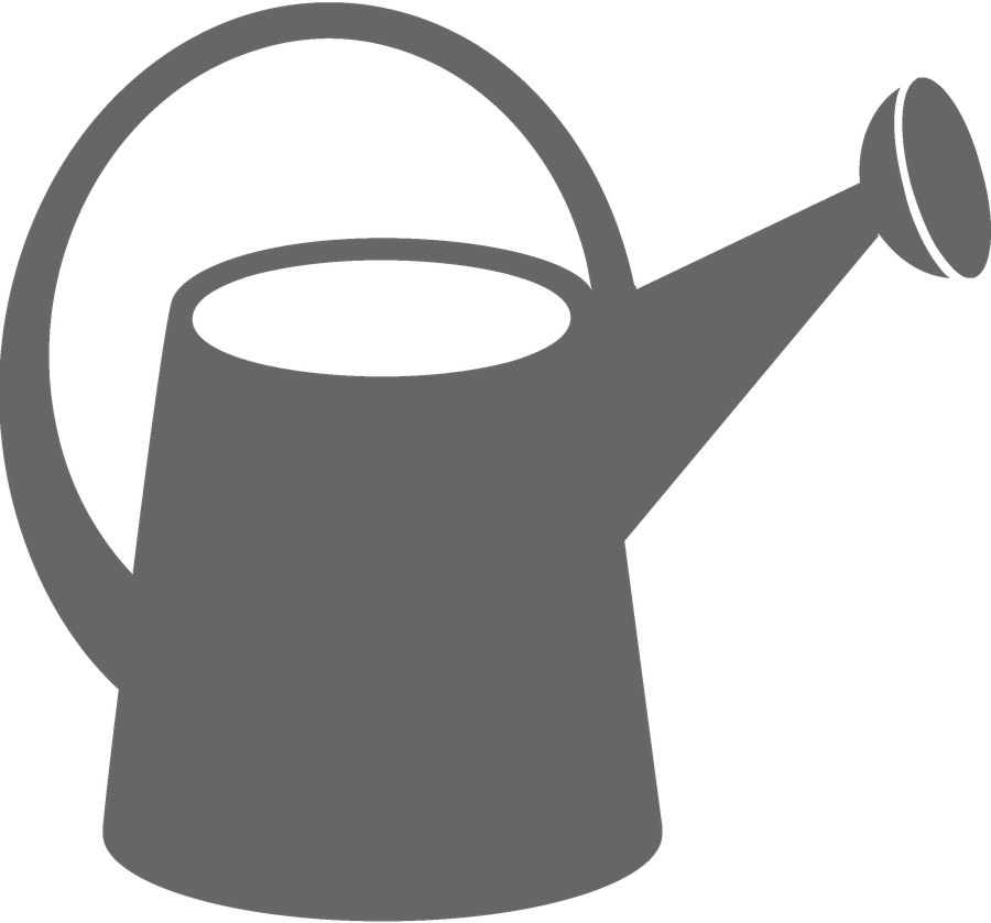 Gray silhouette of a watering can with top opening, curved handle, and spout