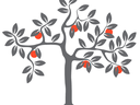 Stylized gray tree with spreading branches and several small red round fruits