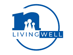 Blue logo with stylized "n" containing three keyhole figures inside a partial circle, text "LIVINGWELL"
