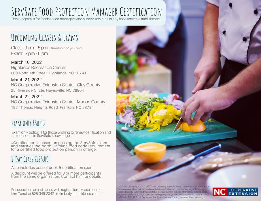 ServSafe manager certification flyer; chef slicing vegetables; classes Mar 10, 21, 22