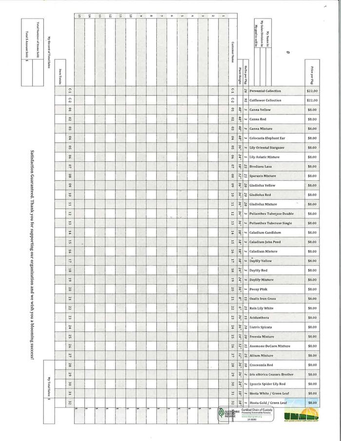 Order form listing bulb varieties with prices $8–$22 and blank quantity grid