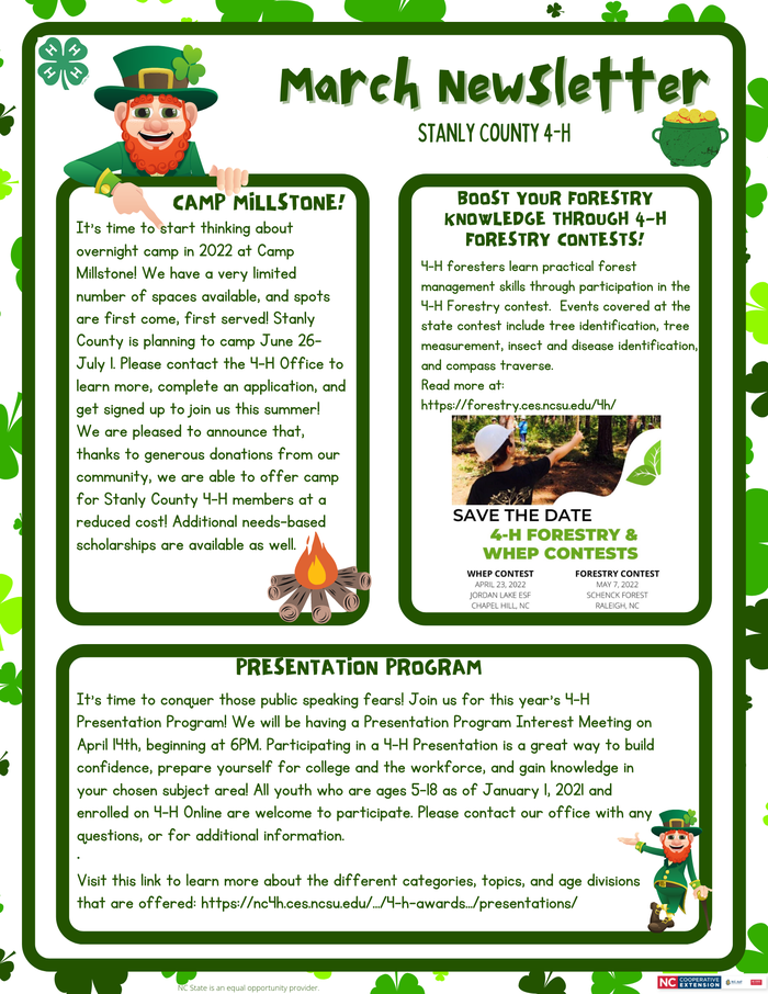 March Newsletter — Stanly County 4‑H: Camp Millstone, 4‑H forestry contests, presentation program
