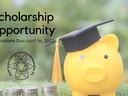 yellow piggy bank with grad cap on ad for scholarship