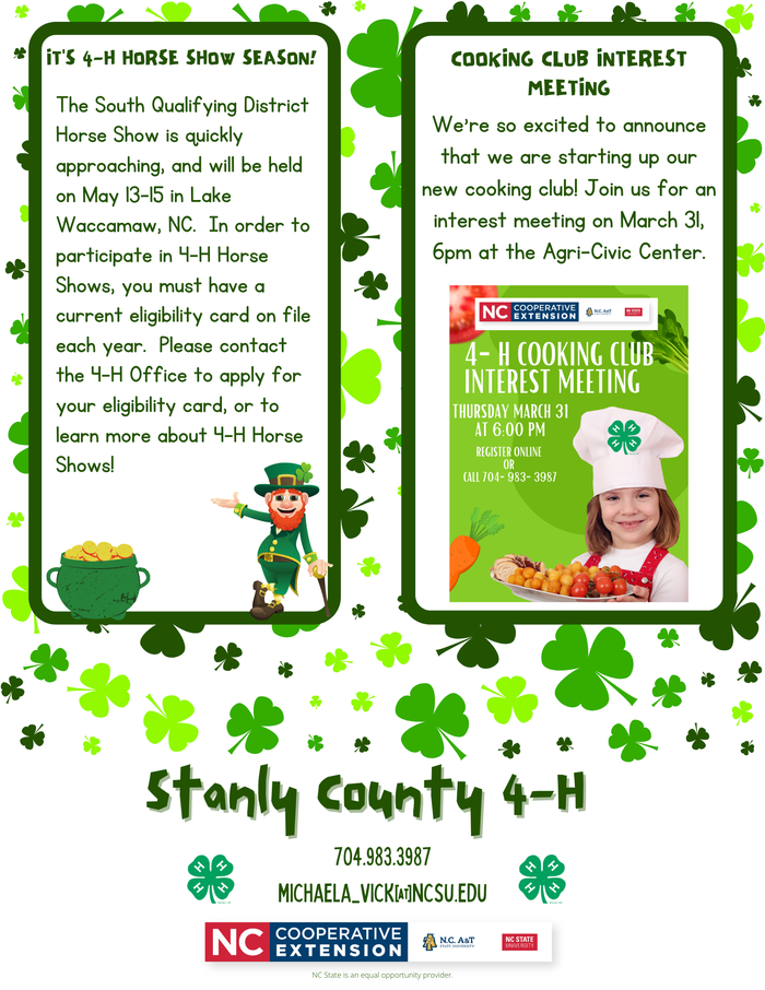 Stanly County 4-H flyer: Horse Show May 13–15; 4‑H Cooking Club interest meeting Mar 31, 6:00 PM