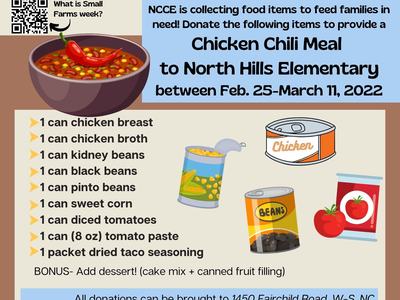 Picture of canned items in different colors with list of items needed for can food drive.