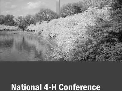 Washington Monument and Tidal Basin cherry blossoms; text "National 4-H Conference, Washington, DC Area"