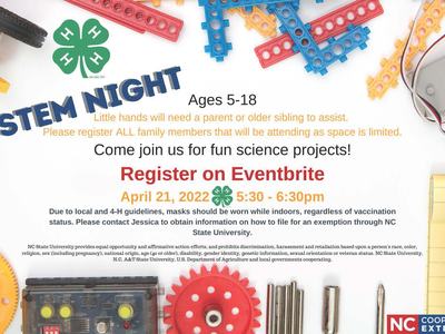 STEM Night flyer — Register on Eventbrite; April 21, 2022, 5:30–6:30pm; Ages 5–18