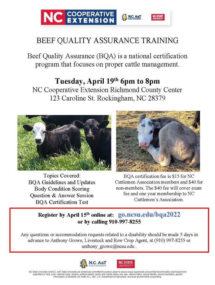 Beef Quality Assurance training flyer — April 19, 6–8pm at Richmond County Extension