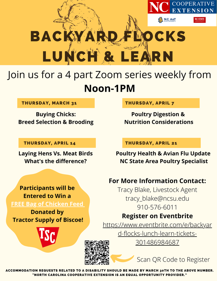 Backyard Flocks Lunch & Learn Zoom series, Noon–1PM; four Thursdays Mar 31–Apr 21