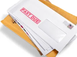 Stack of envelopes, top white windowed envelope stamped "PAST DUE" in red