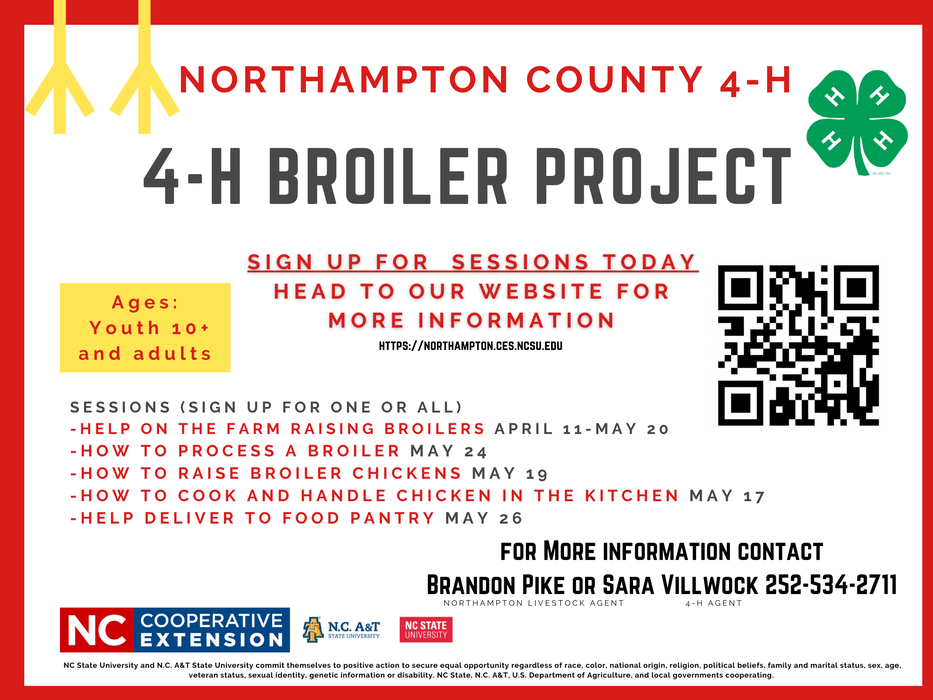 Northampton County 4‑H Broiler Project sign-up poster; sessions listed; ages 10+ and adults; QR code