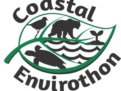 Coastal Envirothon logo showing a leaf with a bird, bear, turtle, waves, and seedling