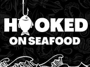 Fish on a hook above stylized waves with text "HOOKED ON SEAFOOD"