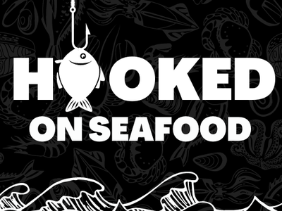 Fish on a hook above stylized waves with text "HOOKED ON SEAFOOD"