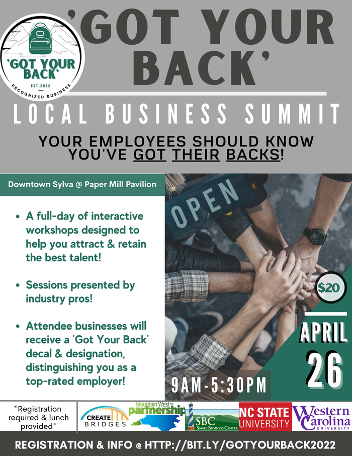 'Got Your Back' Local Business Summit — April 26, 9AM–5:30PM, Downtown Sylva @ Paper Mill Pavilion, $20