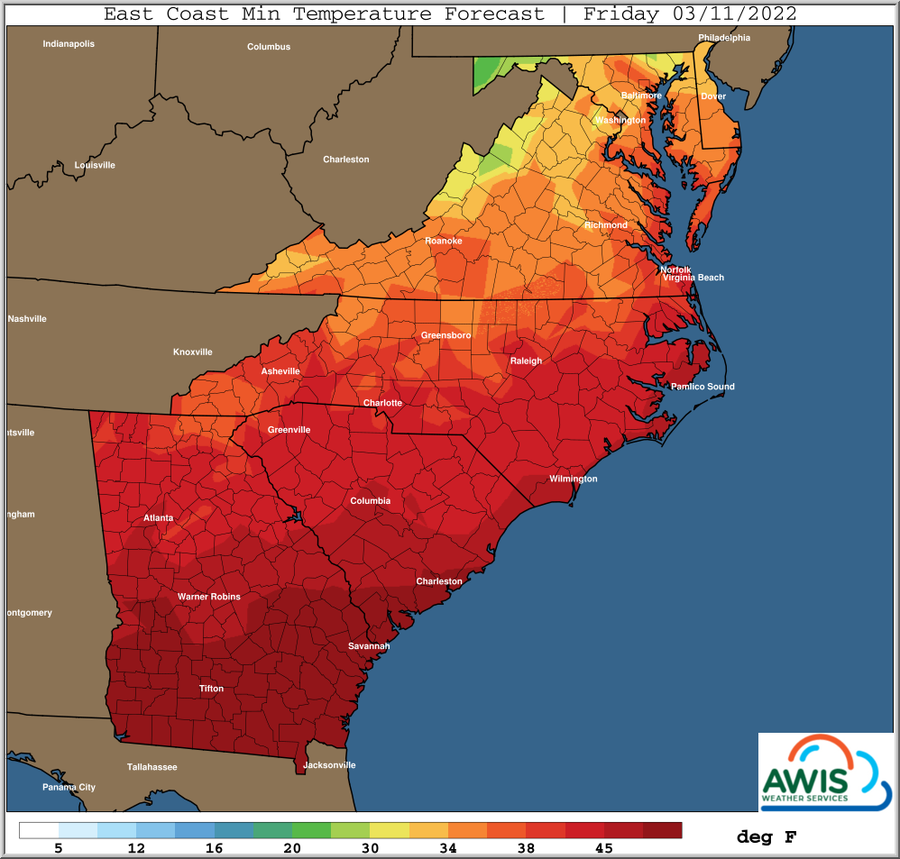 East Coast min temperature forecast map for Friday 03/11/2022 with color scale (deg F)