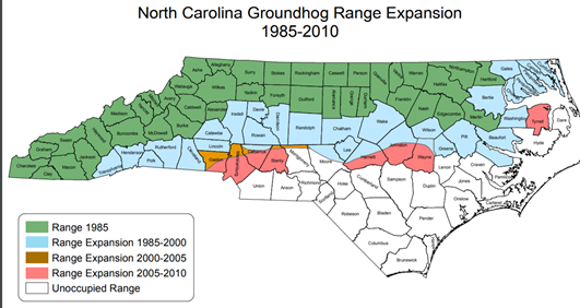 North Carolina map showing groundhog range expansion 1985–2010