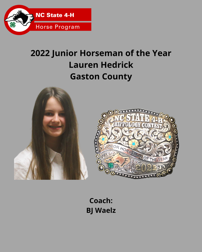 Young girl's headshot beside ornate award buckle and text "2022 Junior Horseman of the Year" (name redacted)