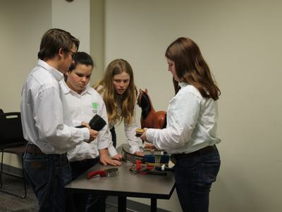 Four youths in white shirts examining horse grooming tools on a table