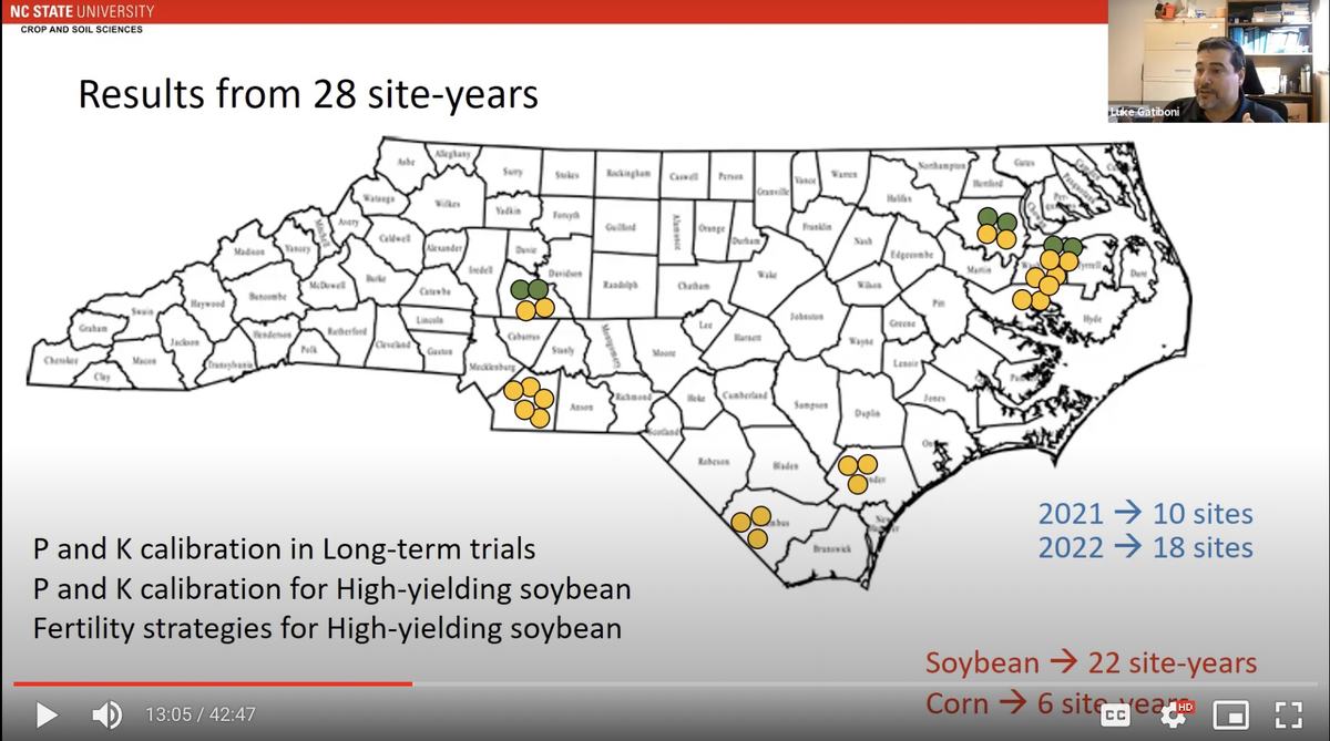 map of NC showing potassium and phosphorus test sites