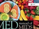 Salmon, lemon, oil and fruit with text "MED instead of MEDS" and NC Cooperative Extension