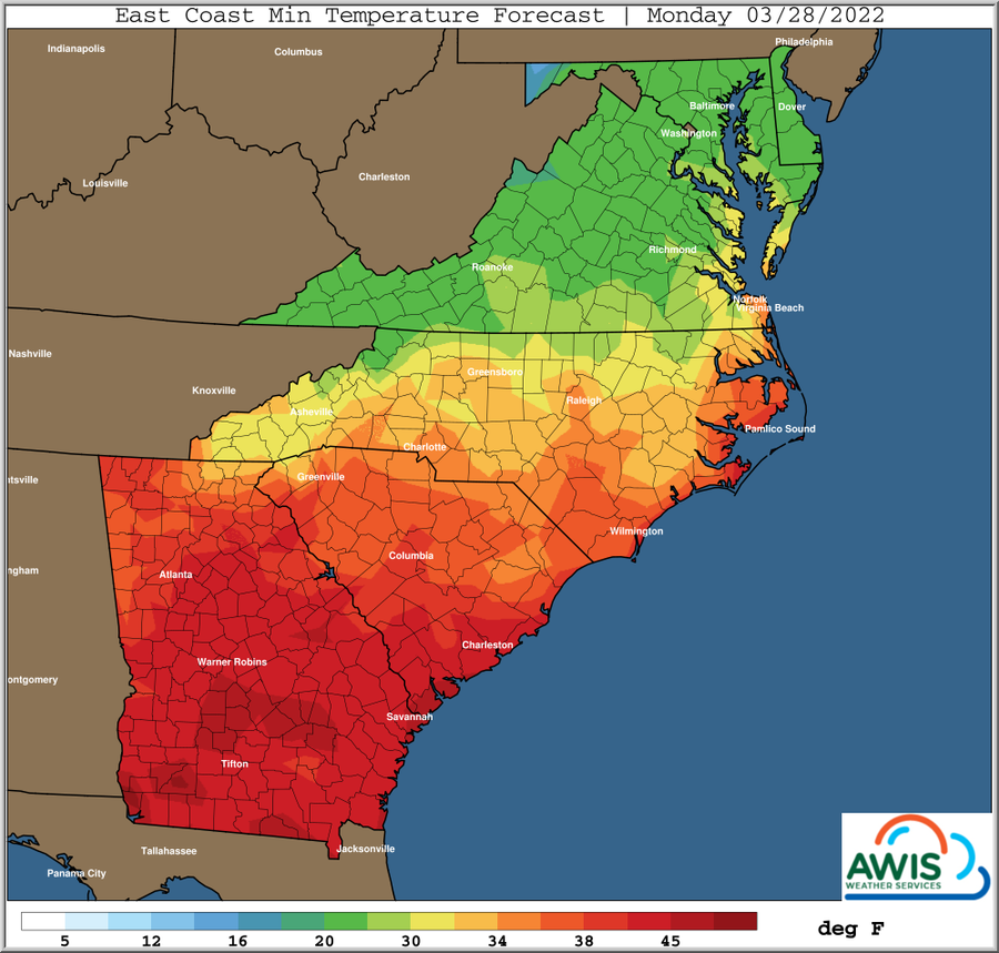 East Coast minimum temperature forecast map, Monday 03/28/2022, temperatures in deg F