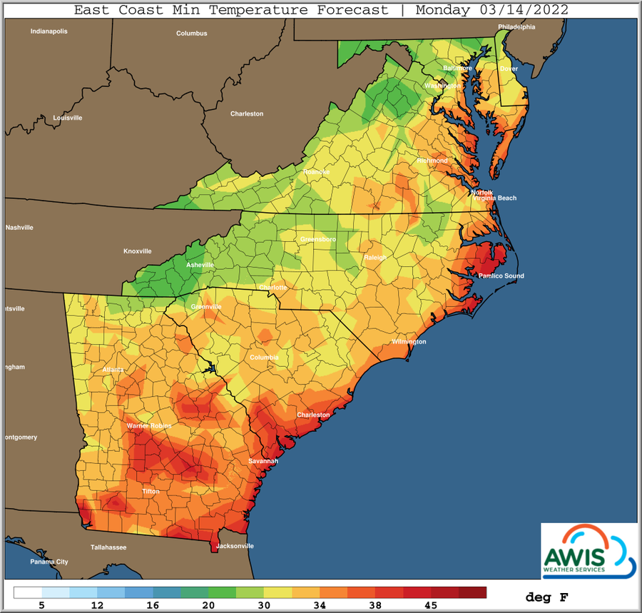 East Coast minimum temperature forecast map, Monday 03/14/2022; color scale in deg F