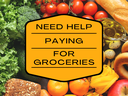 Yellow text box over a background with broccoli, tomatoes, bread, oranges, apples, grapes