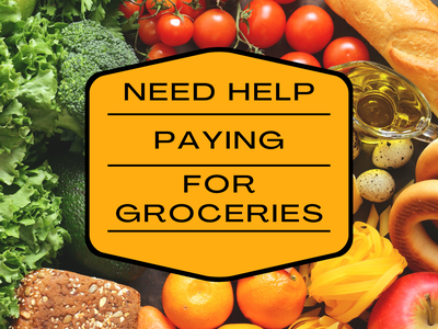 Yellow text box over a background with broccoli, tomatoes, bread, oranges, apples, grapes